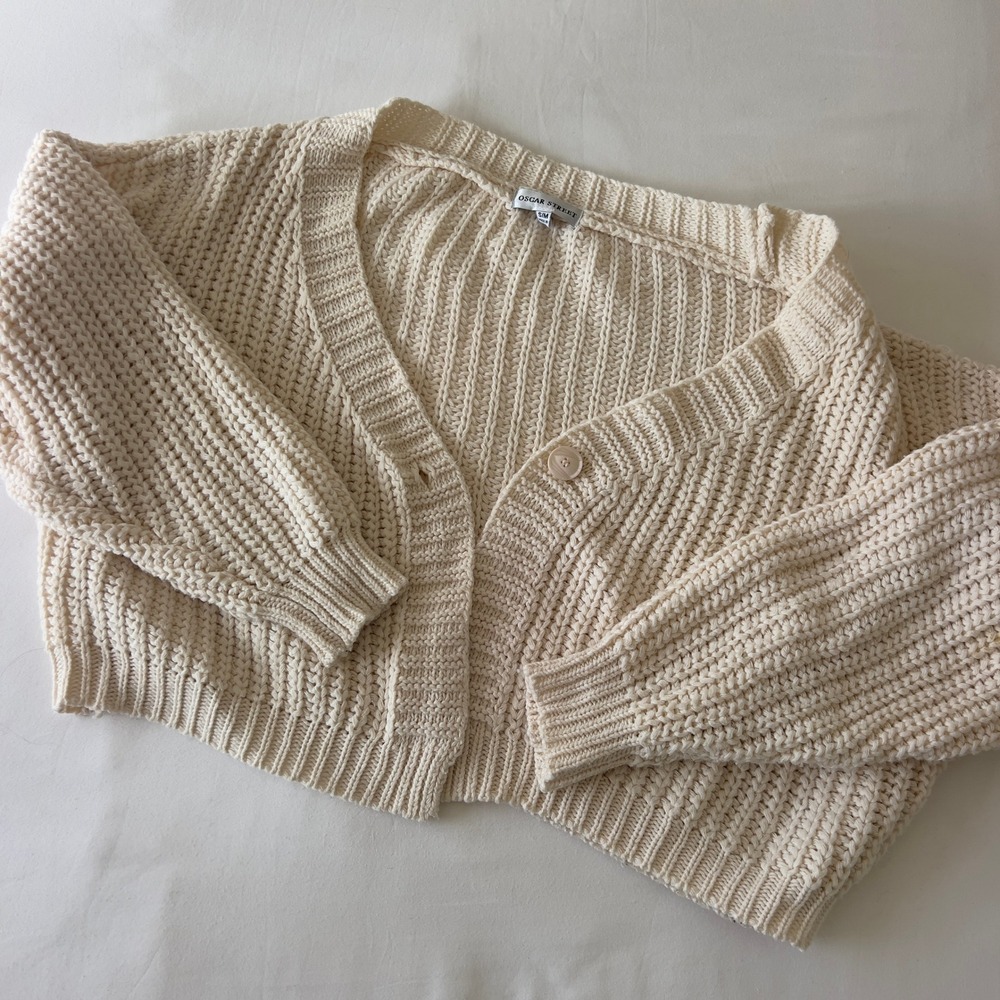 OSCAR STREET Cream Ribbed Knit Cropped Cardigan Sweater Button Front Size S